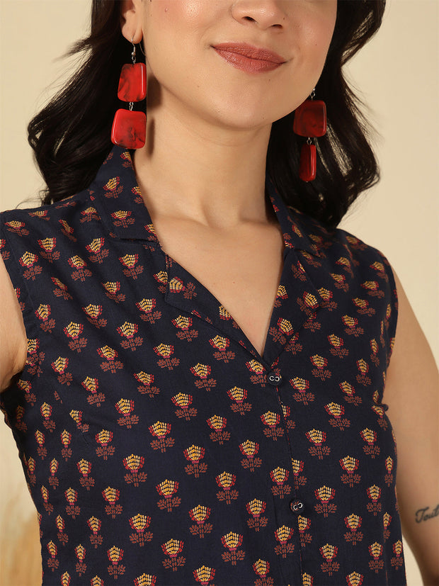 Women Blue Printed Straight Top