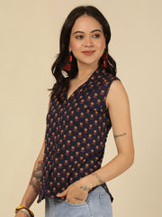 Women Blue Printed Straight Top