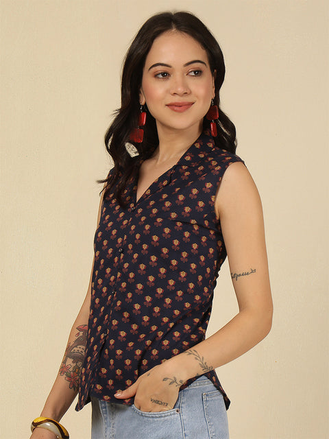 Women Blue Printed Straight Top