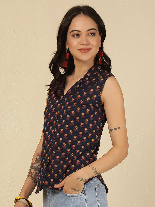 Women Blue Printed Straight Top