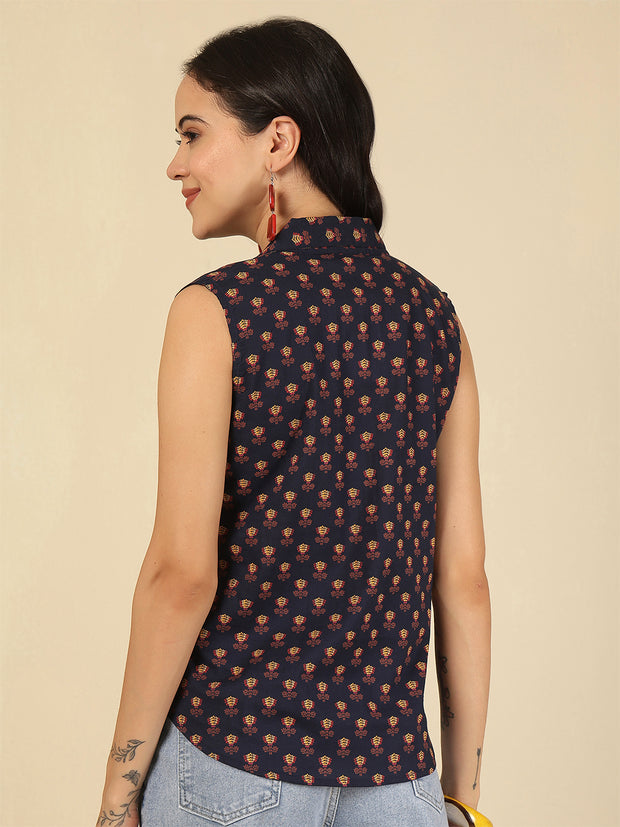 Women Blue Printed Straight Top