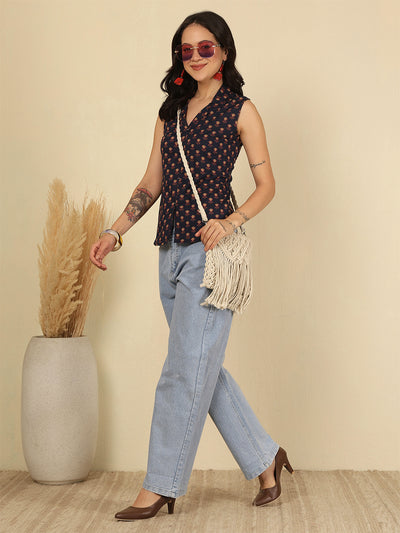 Women Blue Printed Straight Top