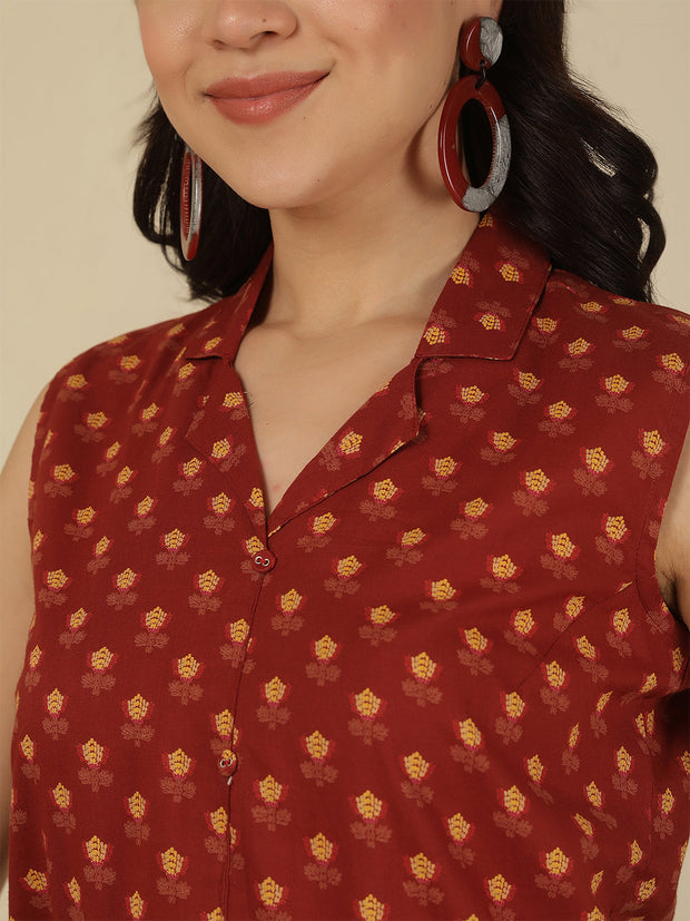 Women Maroon Printed Straight Top