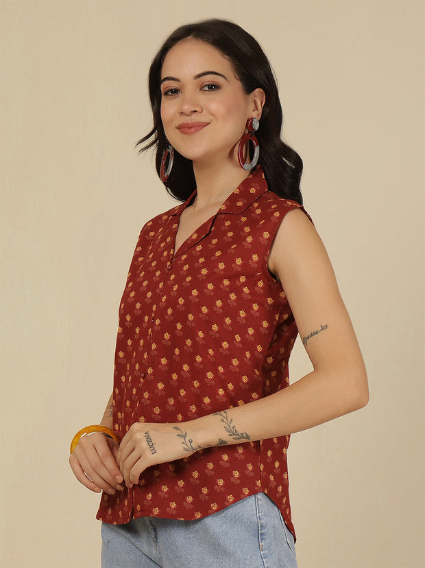 Women Maroon Printed Straight Top