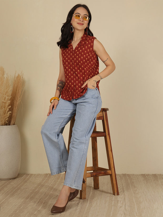 Women Maroon Printed Straight Top