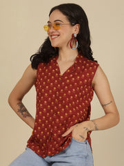 Women Maroon Printed Straight Top