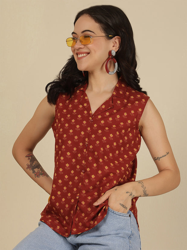 Women Maroon Printed Straight Top