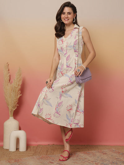 White Printed Notched Collar Dress for Women