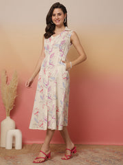 White Printed Notched Collar Dress for Women