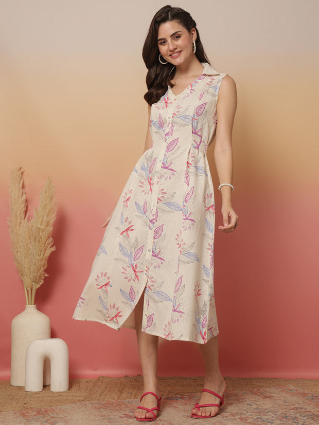 White Printed Notched Collar Dress for Women