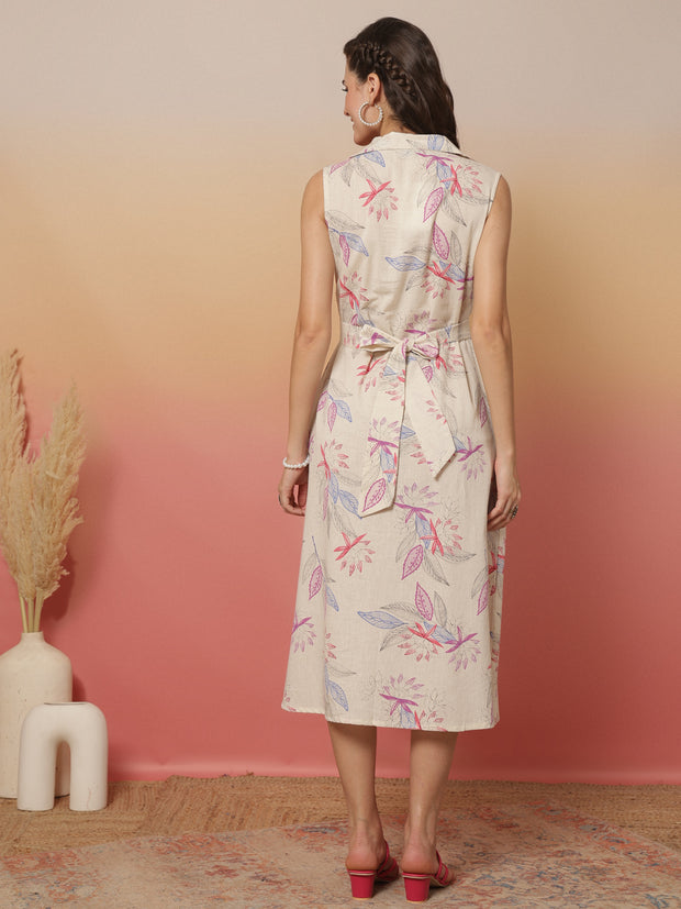 White Printed Notched Collar Dress for Women