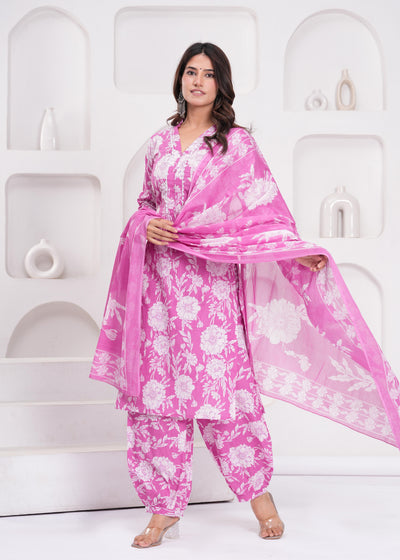 Pink Printed Straight Kurta Set With Dupatta for Women