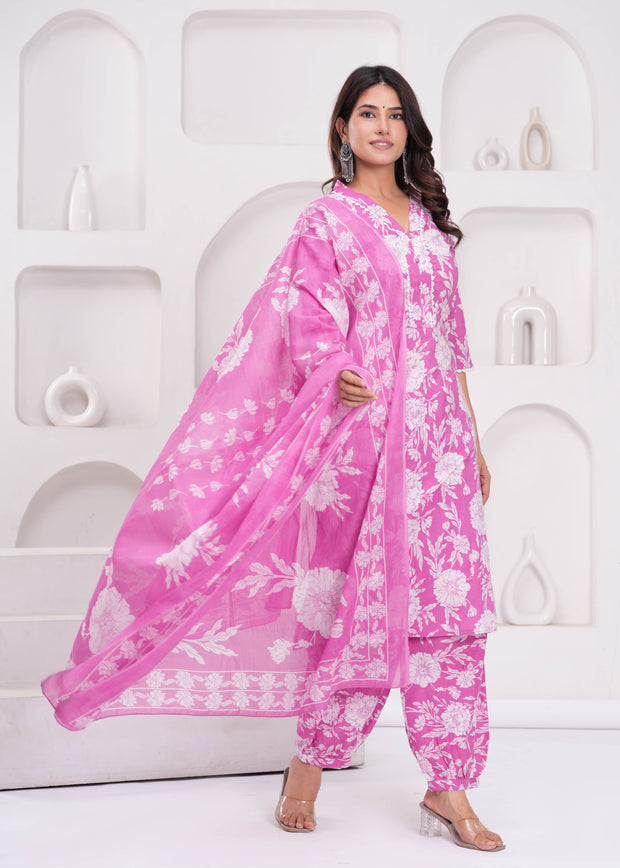 Pink Printed Straight Kurta Set With Dupatta for Women