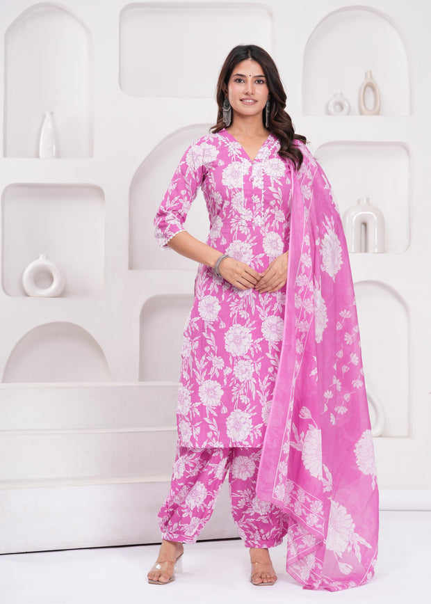 Pink Printed Straight Kurta Set With Dupatta for Women
