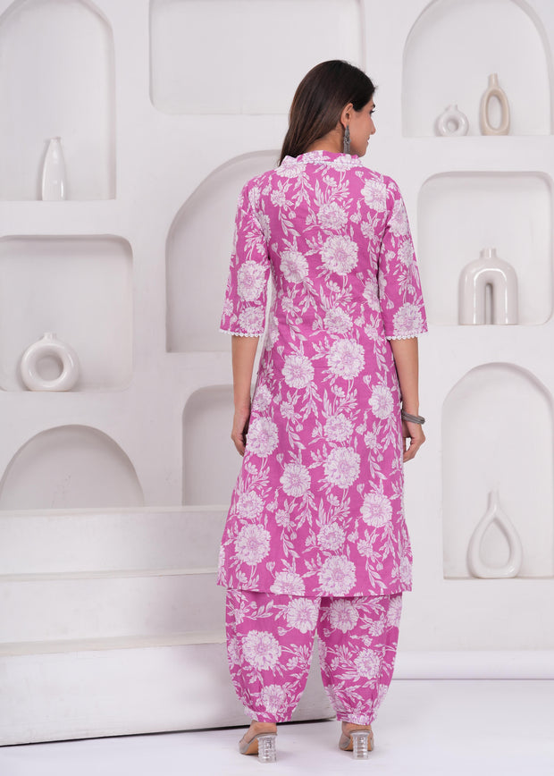 Pink Printed Straight Kurta Set With Dupatta for Women