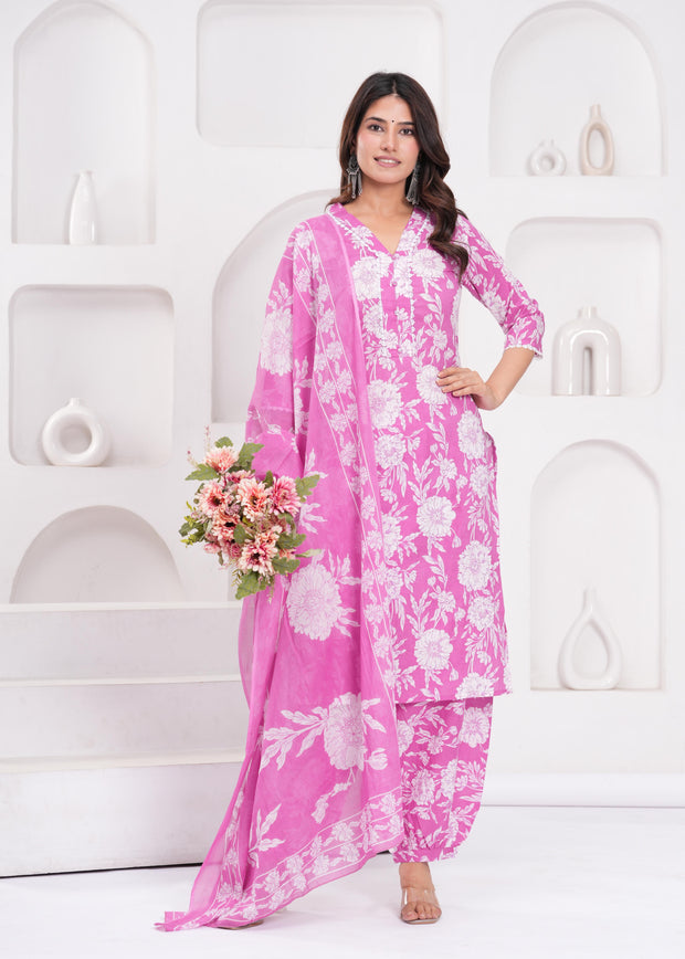 Pink Printed Straight Kurta Set With Dupatta for Women