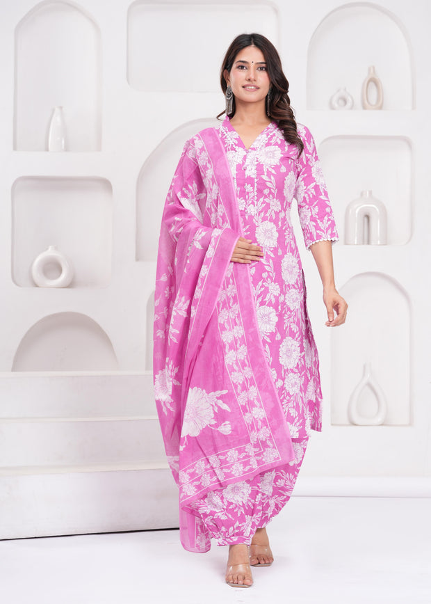 Pink Printed Straight Kurta Set With Dupatta for Women