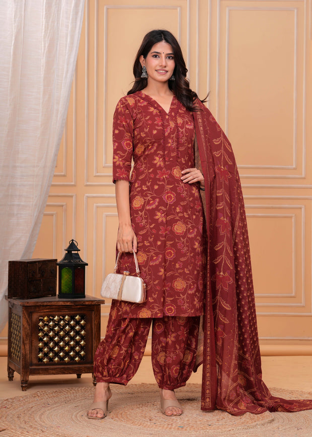 Maroon Printed Straight Kurta Set With Dupatta for Women