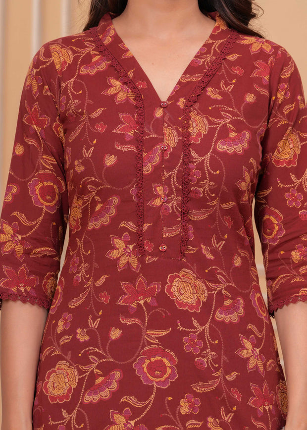 Maroon Printed Straight Kurta Set With Dupatta for Women
