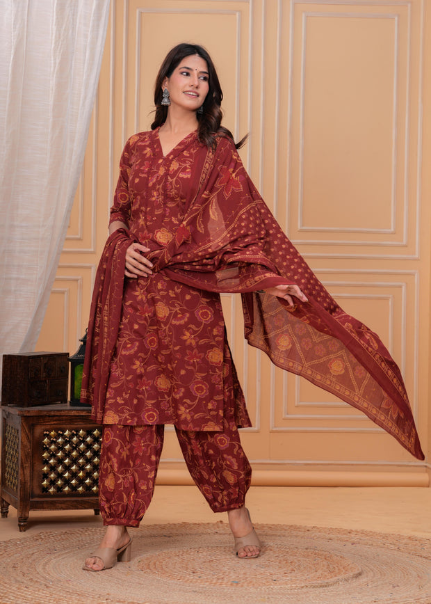 Maroon Printed Straight Kurta Set With Dupatta for Women