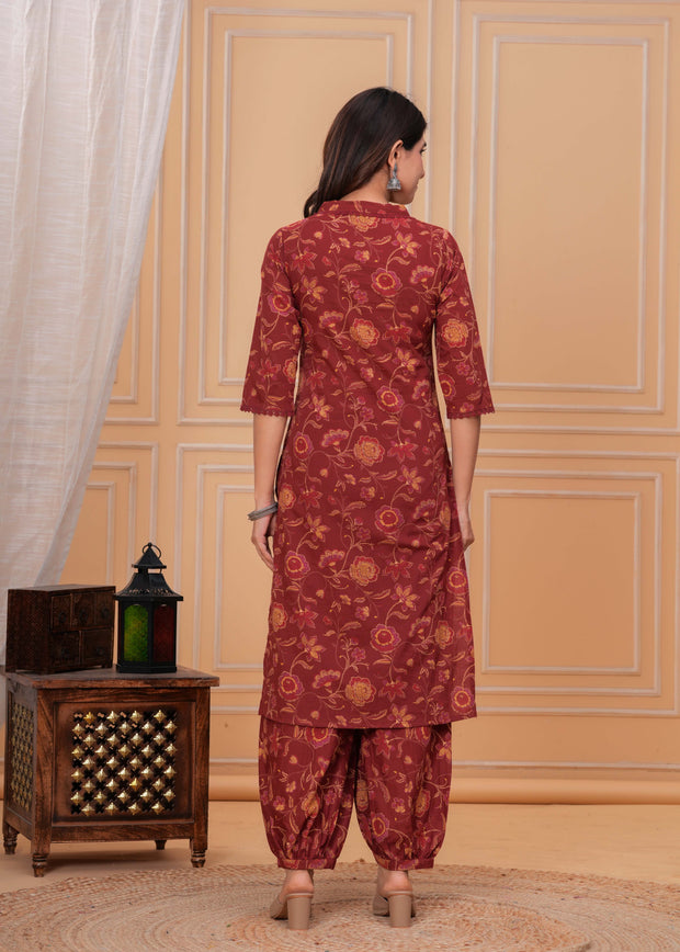 Maroon Printed Straight Kurta Set With Dupatta for Women