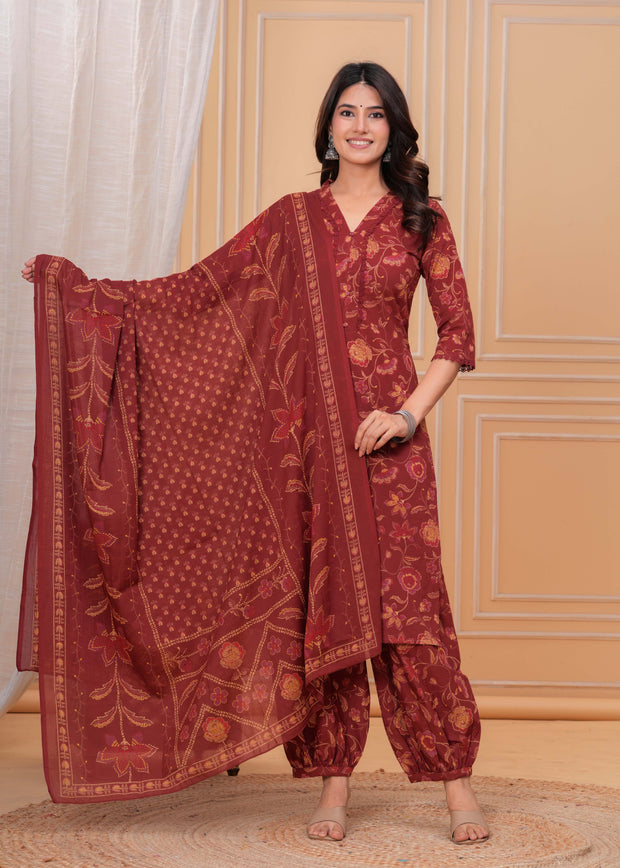 Maroon Printed Straight Kurta Set With Dupatta for Women
