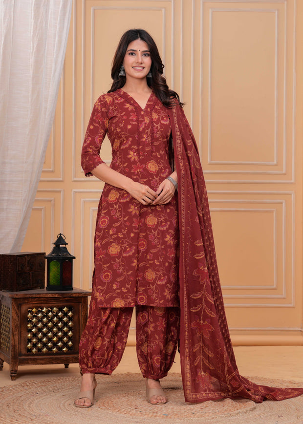Maroon Printed Straight Kurta Set With Dupatta for Women
