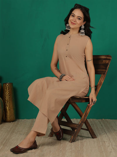 Beige Solid Kurta Set for Women