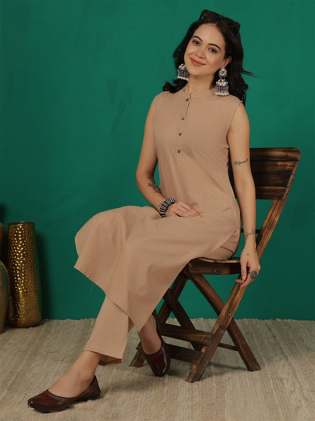 Beige Solid Kurta Set for Women