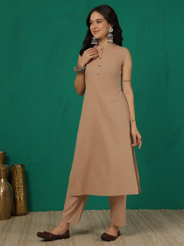 Beige Solid Kurta Set for Women