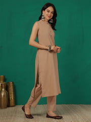 Beige Solid Kurta Set for Women