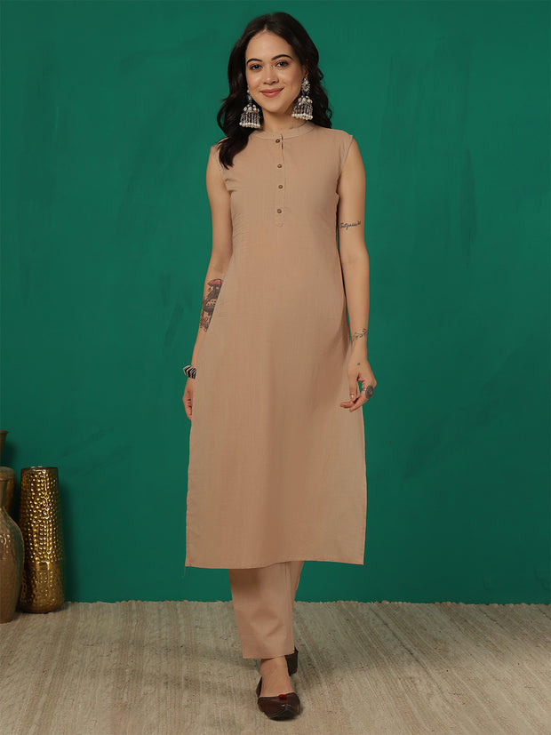 Beige Solid Kurta Set for Women