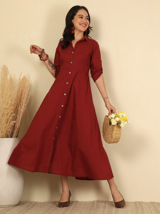 Maroon Solid Casual Wear Dress for Women