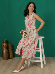 White Printed Notched Collar Dress for Women