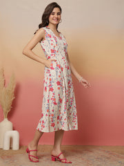 White Printed Notched Collar Dress for Women