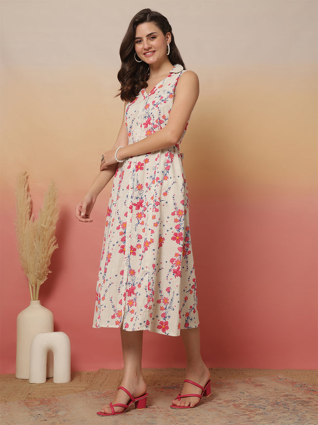 White Printed Notched Collar Dress for Women