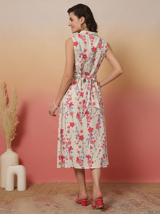 White Printed Notched Collar Dress for Women