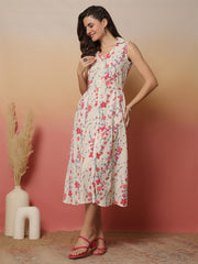 White Printed Notched Collar Dress for Women