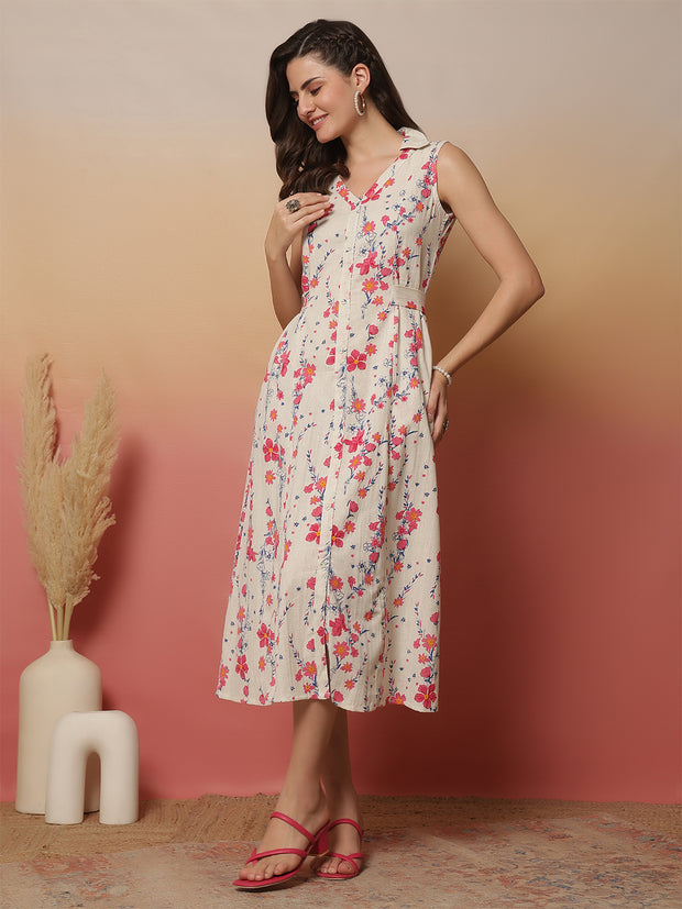 White Printed Notched Collar Dress for Women