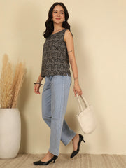 Women Black Printed Straight Top