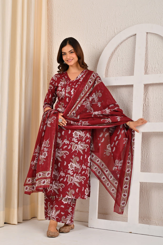 Burgundy Printed Straight Kurta Set With Dupatta for Women