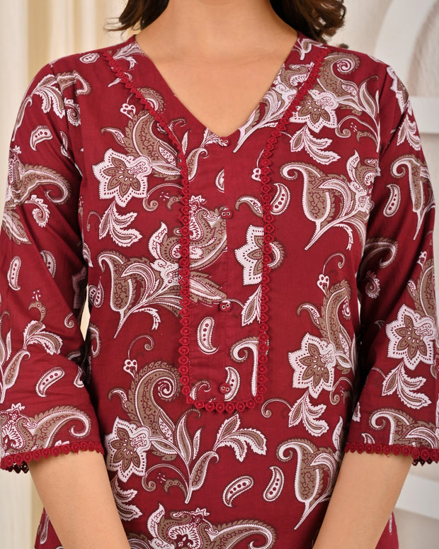 Burgundy Printed Straight Kurta Set With Dupatta for Women