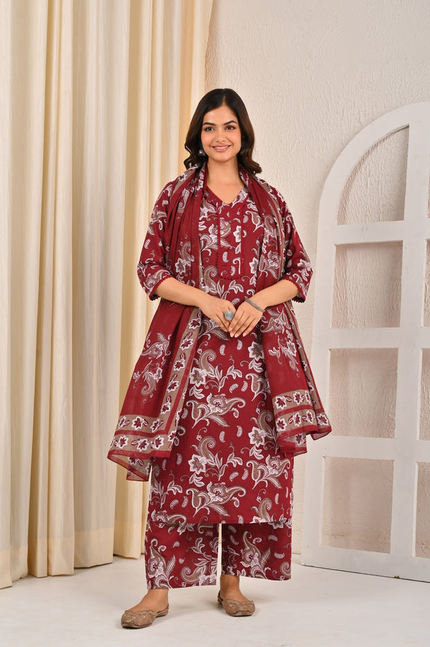 Burgundy Printed Straight Kurta Set With Dupatta for Women