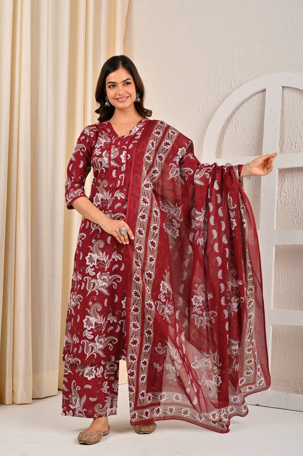 Burgundy Printed Straight Kurta Set With Dupatta for Women