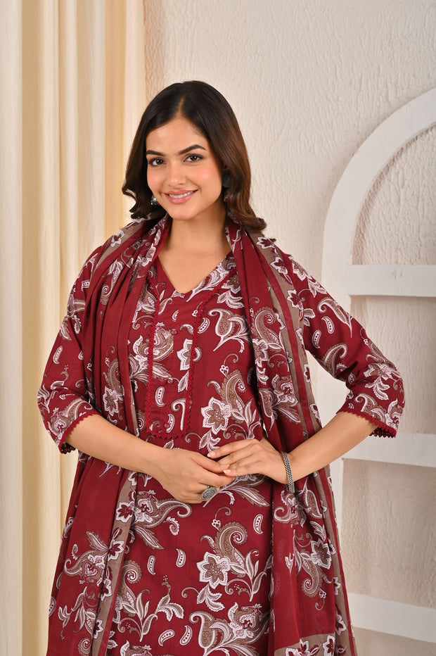 Burgundy Printed Straight Kurta Set With Dupatta for Women