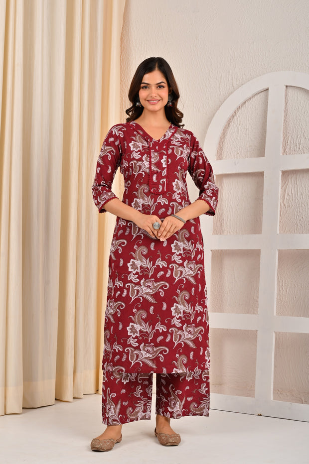 Burgundy Printed Straight Kurta Set With Dupatta for Women