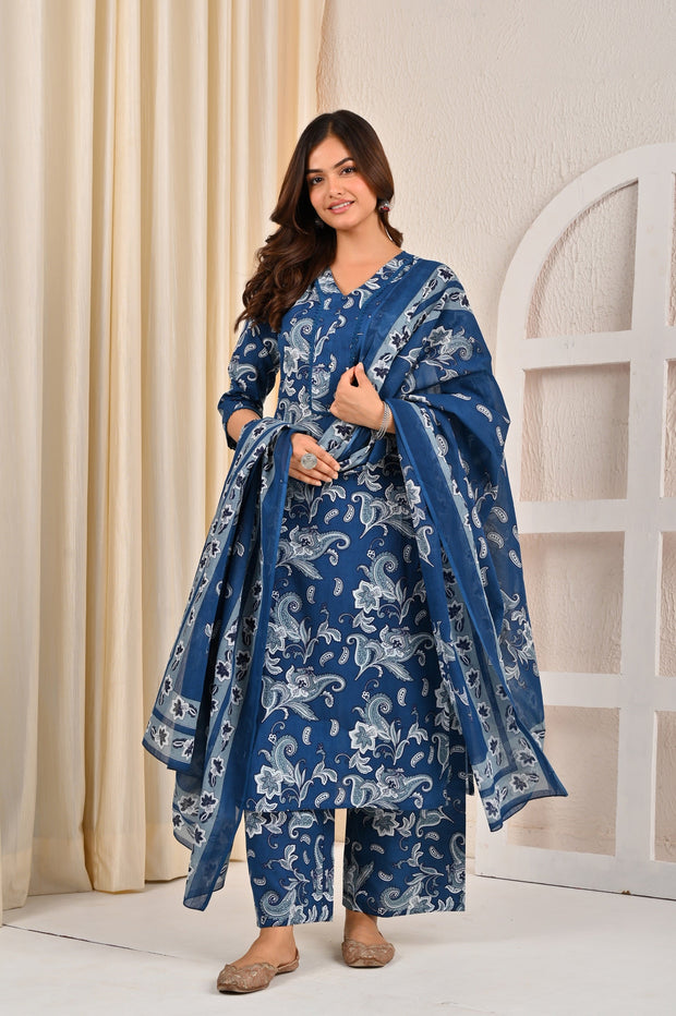 Blue Printed Straight Kurta Set With Dupatta for Women