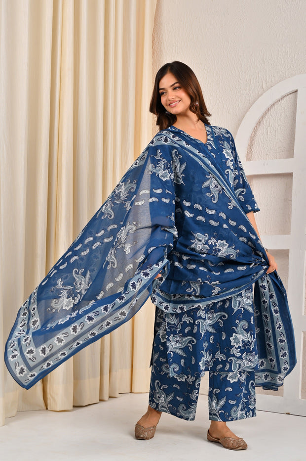 Blue Printed Straight Kurta Set With Dupatta for Women