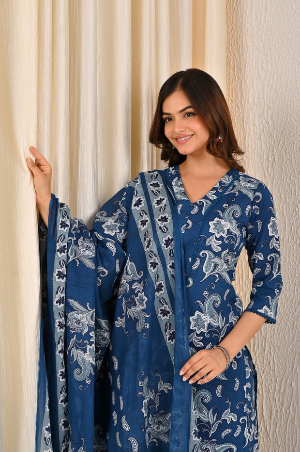 Blue Printed Straight Kurta Set With Dupatta for Women