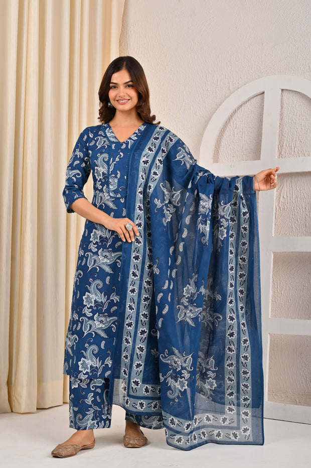 Blue Printed Straight Kurta Set With Dupatta for Women